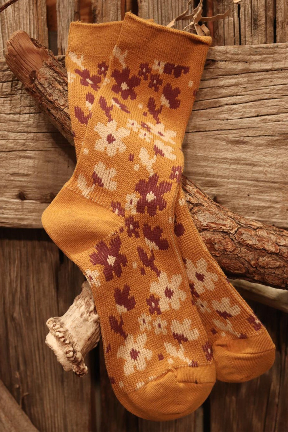 Mustard Vintage Floral Pattern High Ankle Socks - Bellisima Clothing Collective