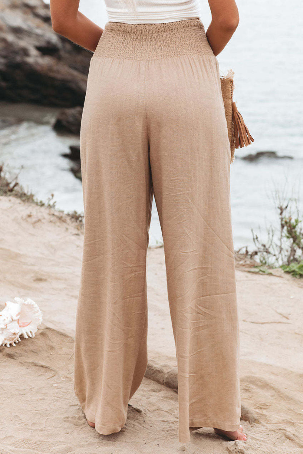 Khaki Smocked Wide Waistband High Waist Wide Leg Pants - Bellisima Clothing Collective