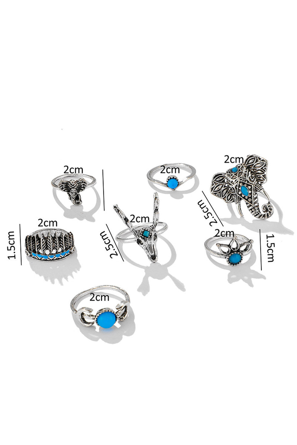 Silver 7Pcs Animal Deer Head Elephant Ring Set - Bellisima Clothing Collective