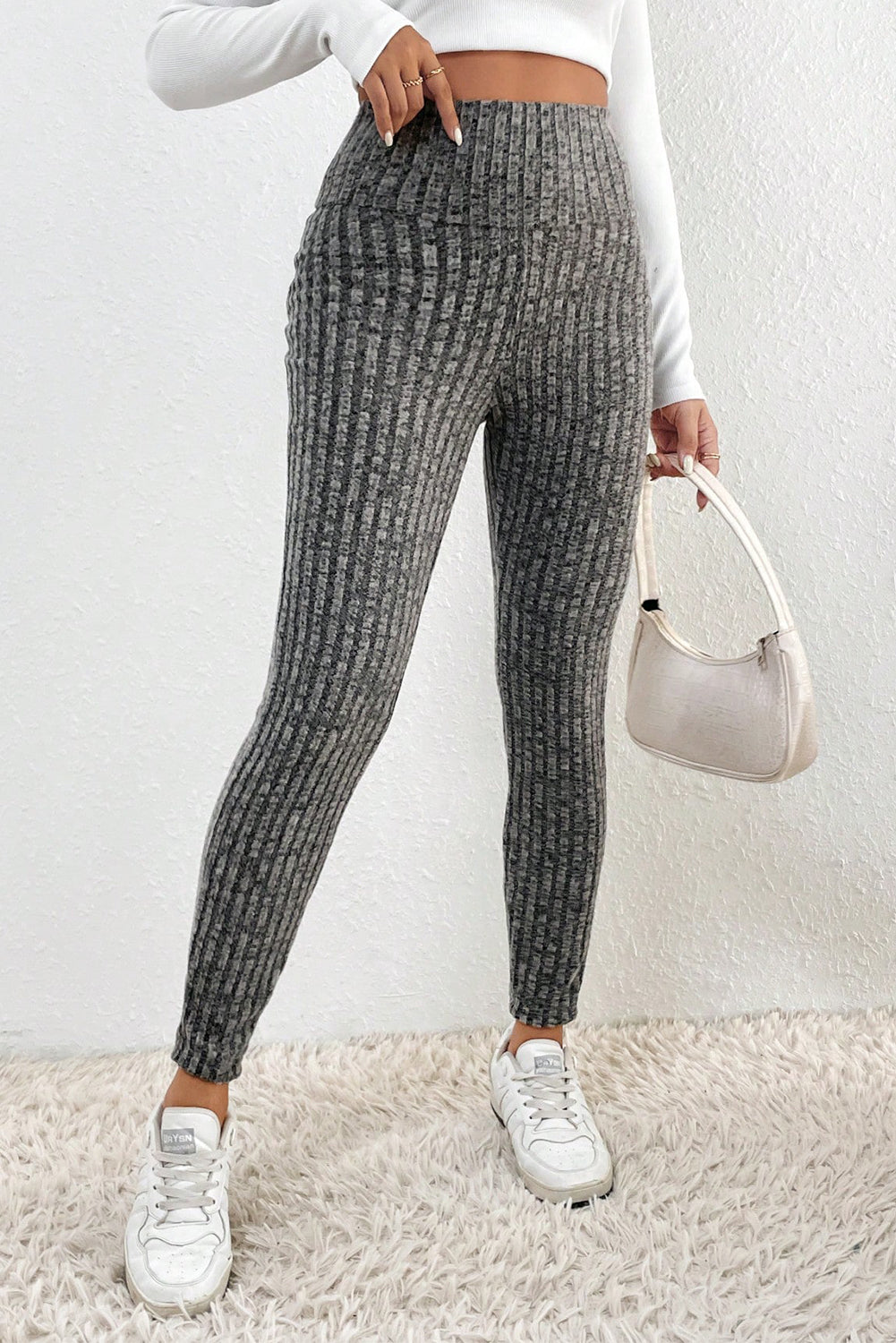 Black Wide Waistband Ribbed Textured Knit Leggings - Bellisima Clothing Collective