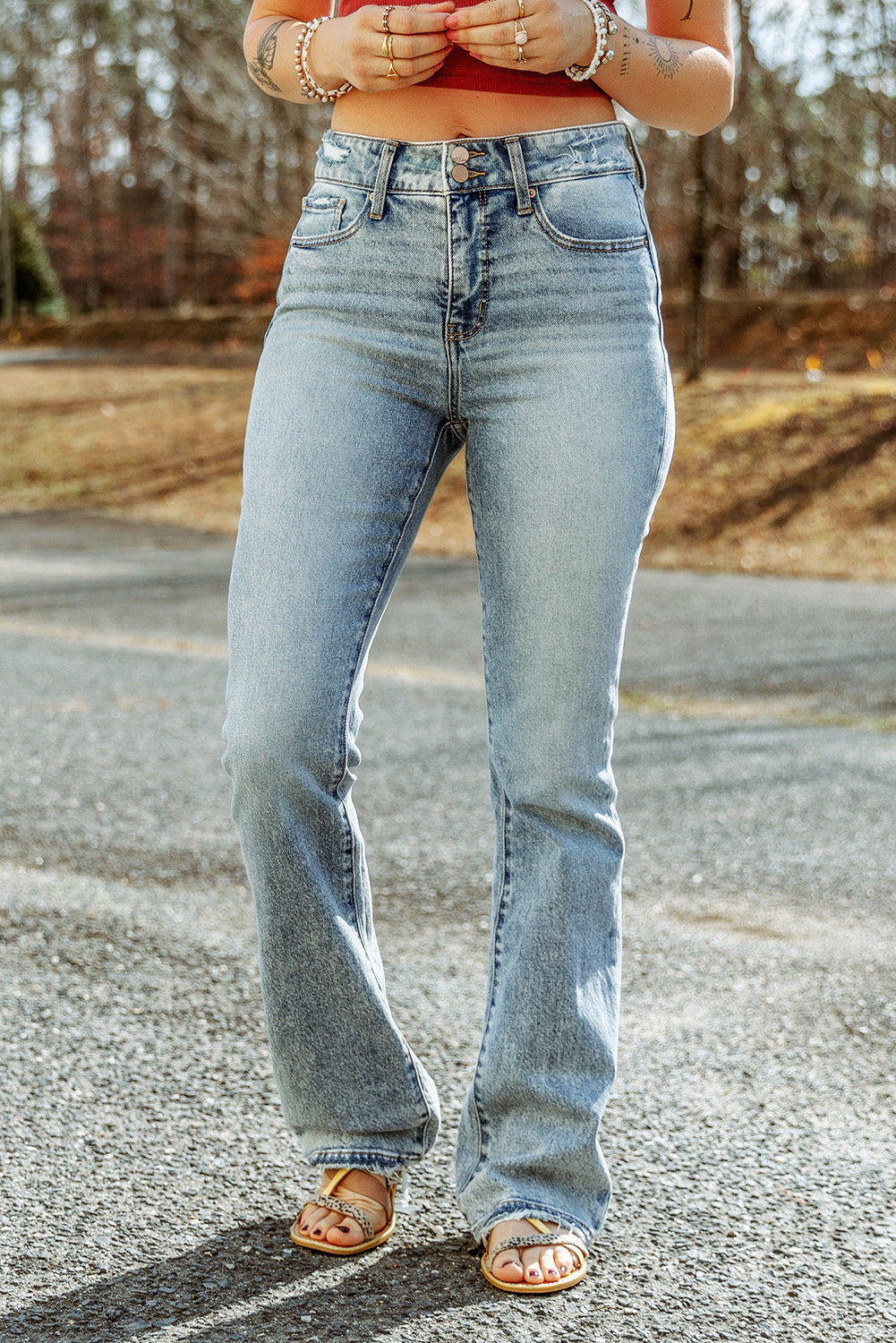 Light Distressed Flare High Rise Jeans - Bellisima Clothing Collective