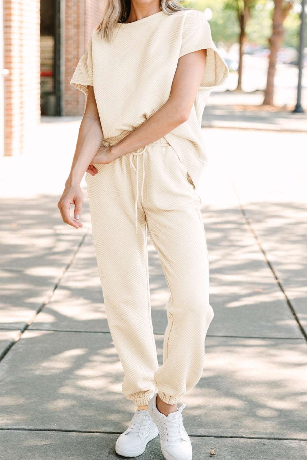 Beige Textured Drawstring Waist Straight Leg Joggers - Bellisima Clothing Collective