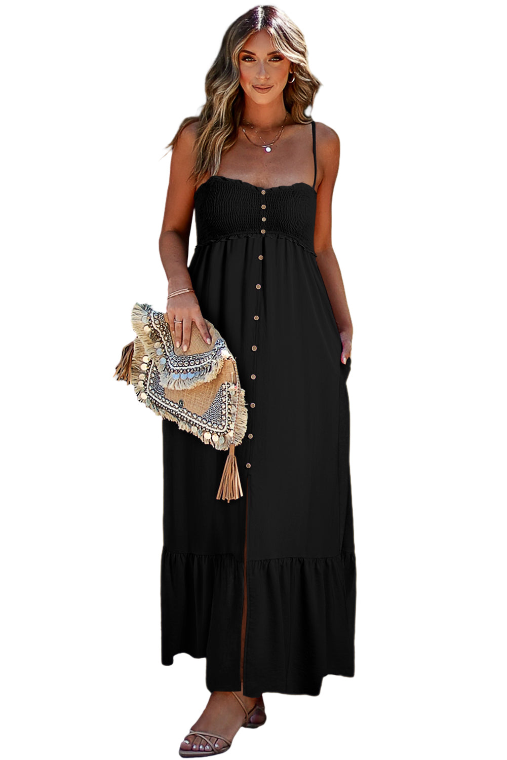 Black Smocked Button Pocketed Spaghetti Strap Maxi Dress