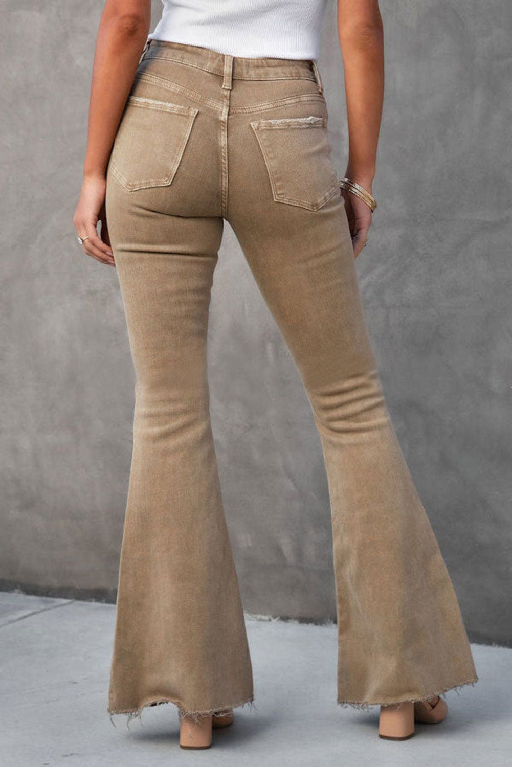 Khaki Basic Raw Hem High Waist Flare Jeans - Bellisima Clothing Collective