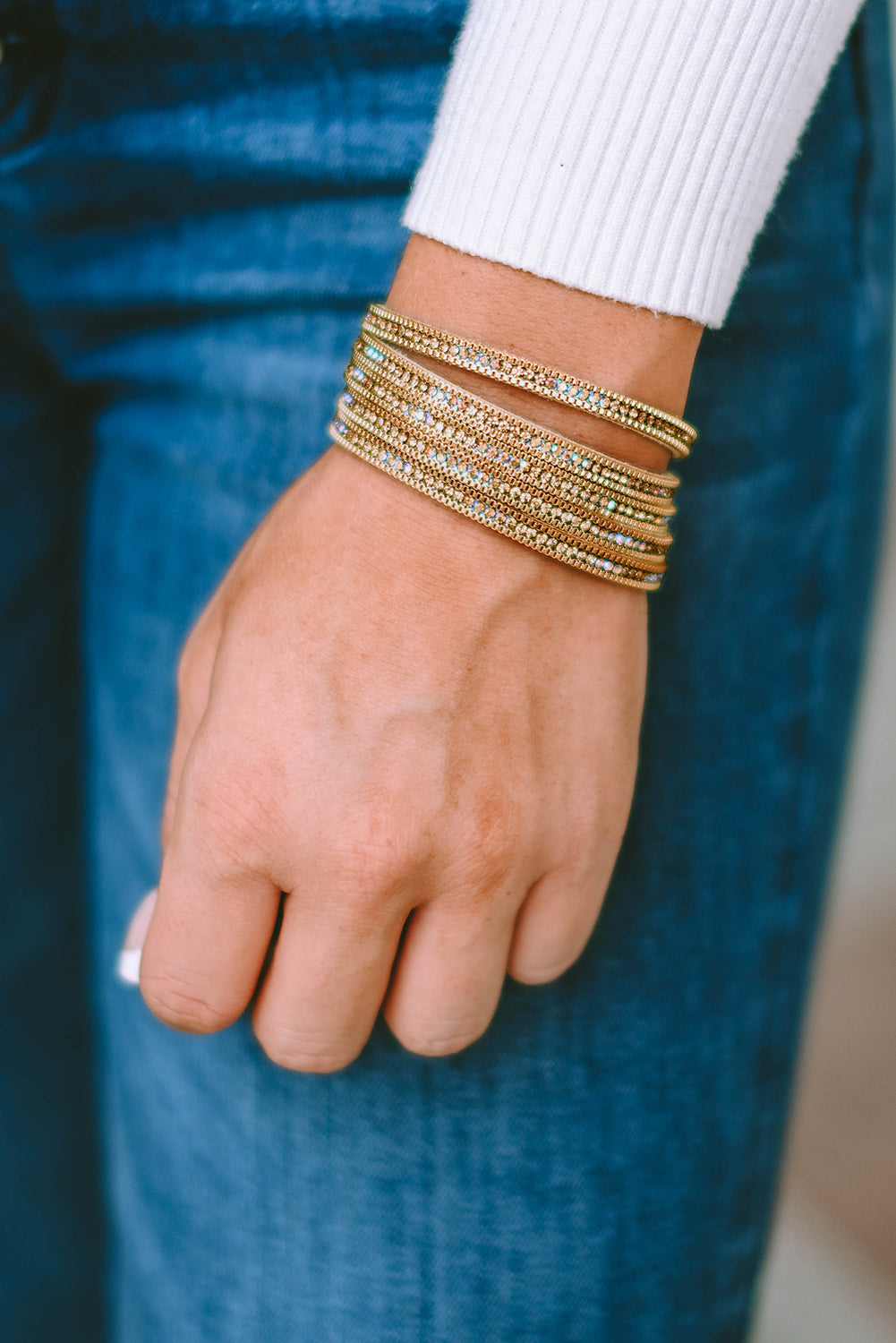 Gold Full Diamond Leather Wide Magnetic Buckle Bracelet - Bellisima Clothing Collective