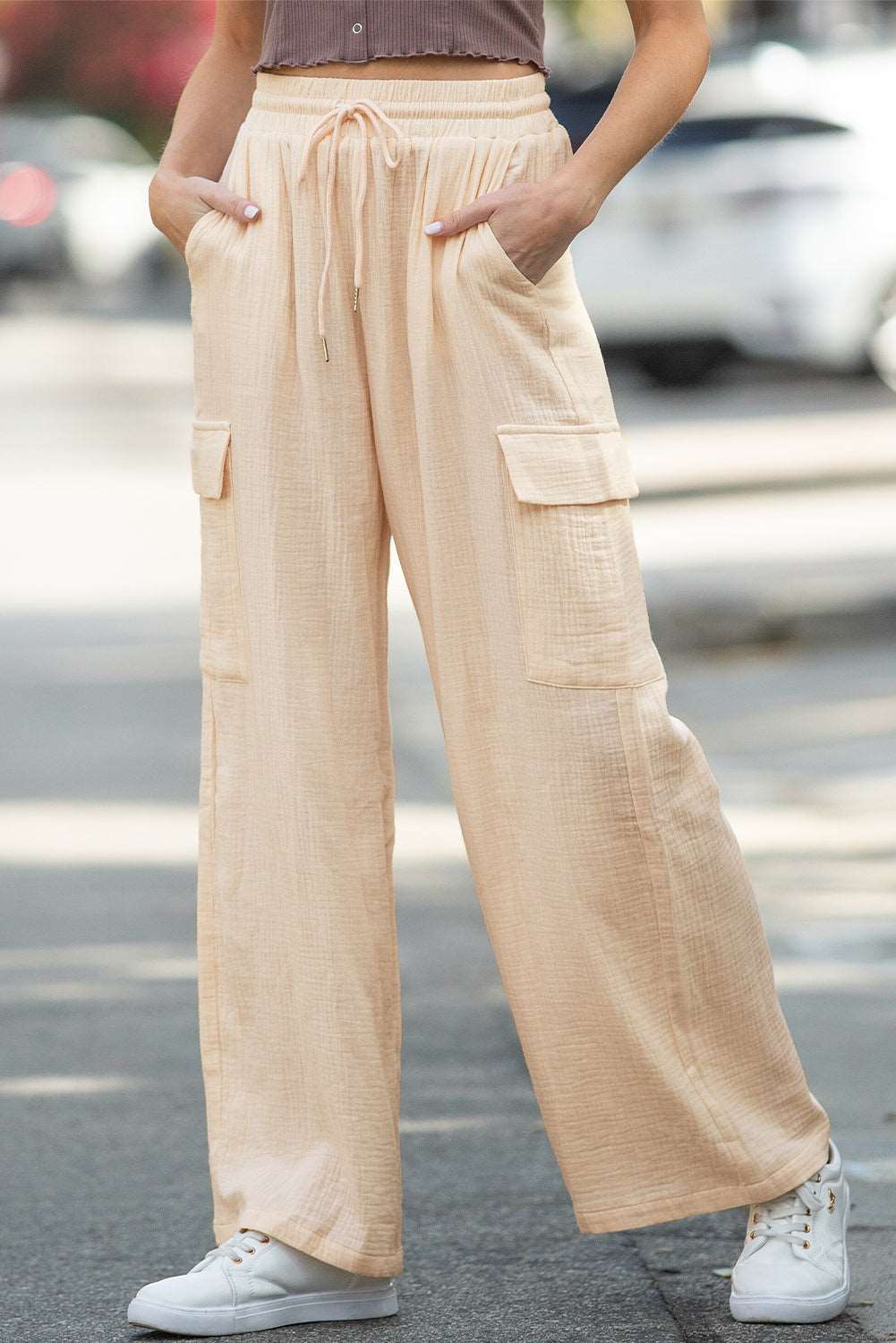 Apricot Loose Drawstring High Waist Crinkled Cargo Pants - Bellisima Clothing Collective