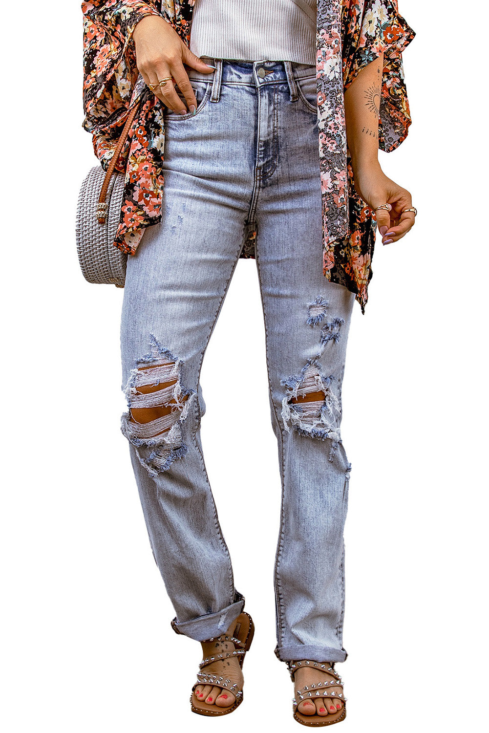 Sky Blue Acid Wash Sheath Straight Leg Distressed Jeans - Bellisima Clothing Collective