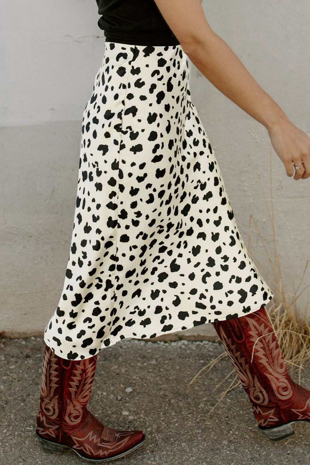 Beige Leopard Spots Print Side Split Midi Skirt