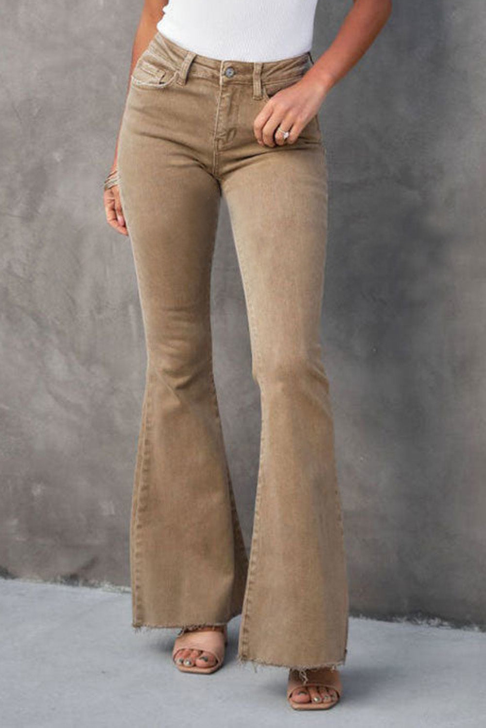 Khaki Basic Raw Hem High Waist Flare Jeans - Bellisima Clothing Collective