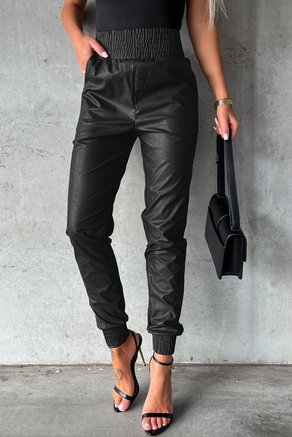 Black Smocked High Waist Leather Skinny Pants - Bellisima Clothing Collective