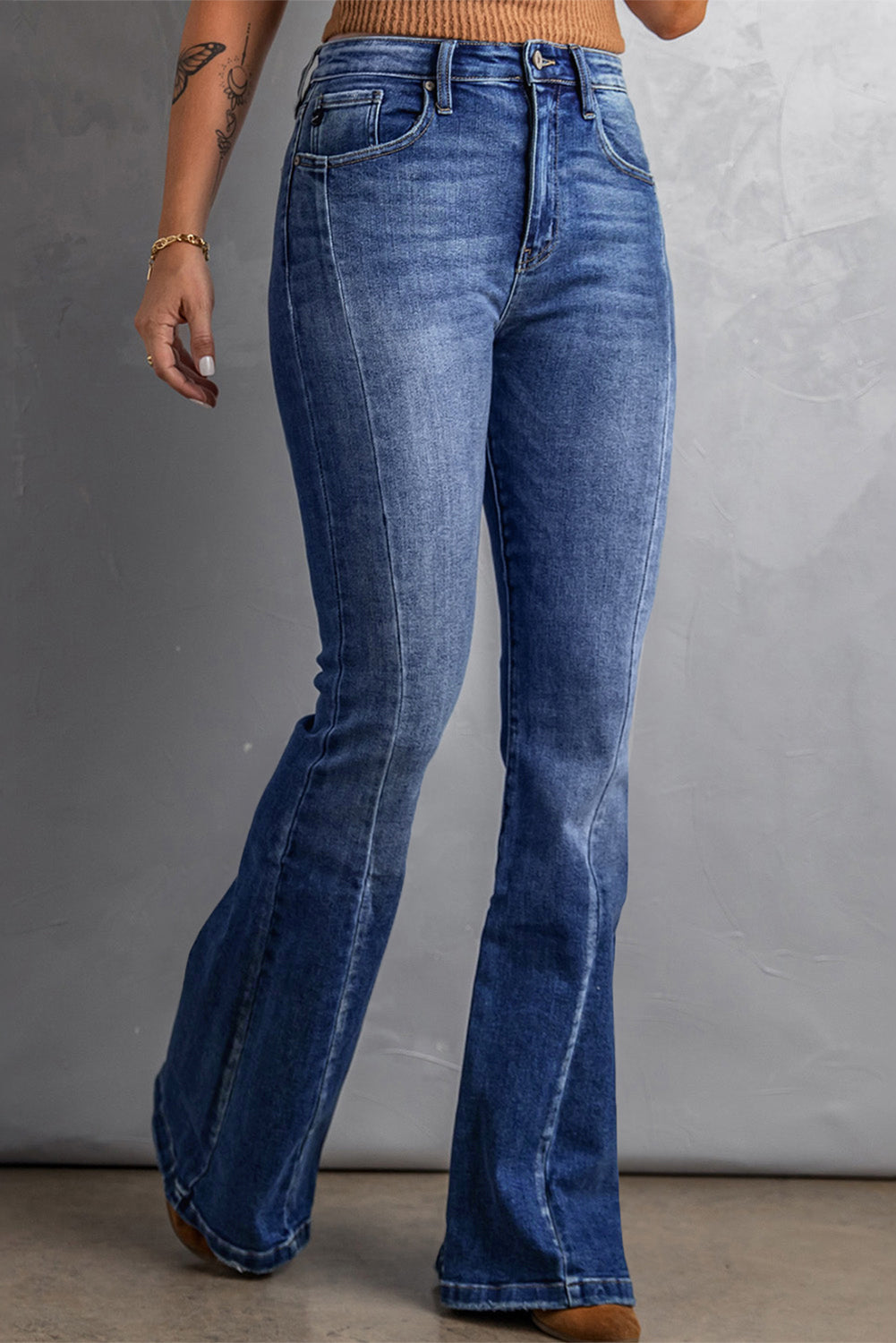 Dark Blue Plus Size Stitching Washed Flare Jeans - Bellisima Clothing Collective