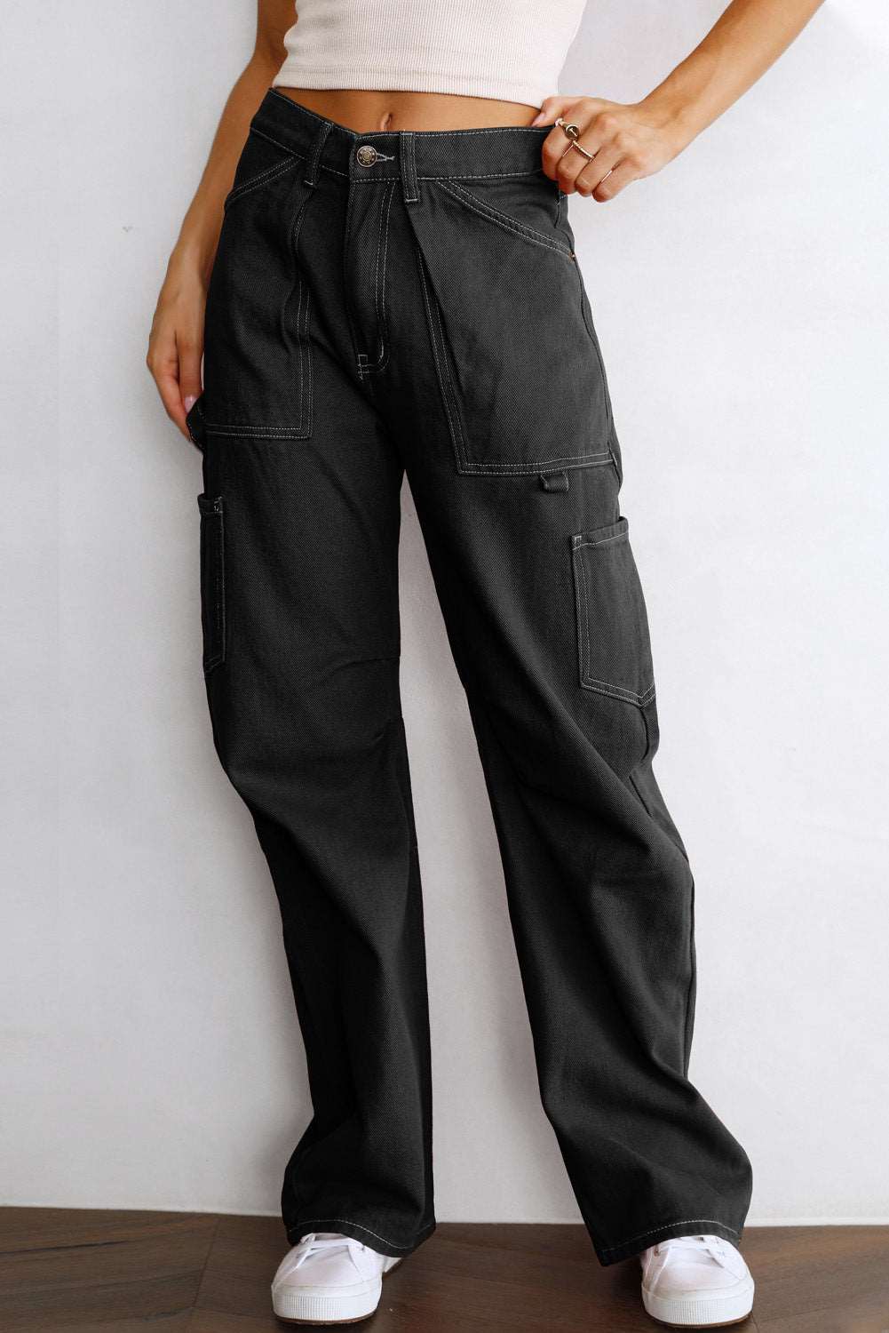 Black Denim Straight Leg High Waisted Cargo Pants - Bellisima Clothing Collective