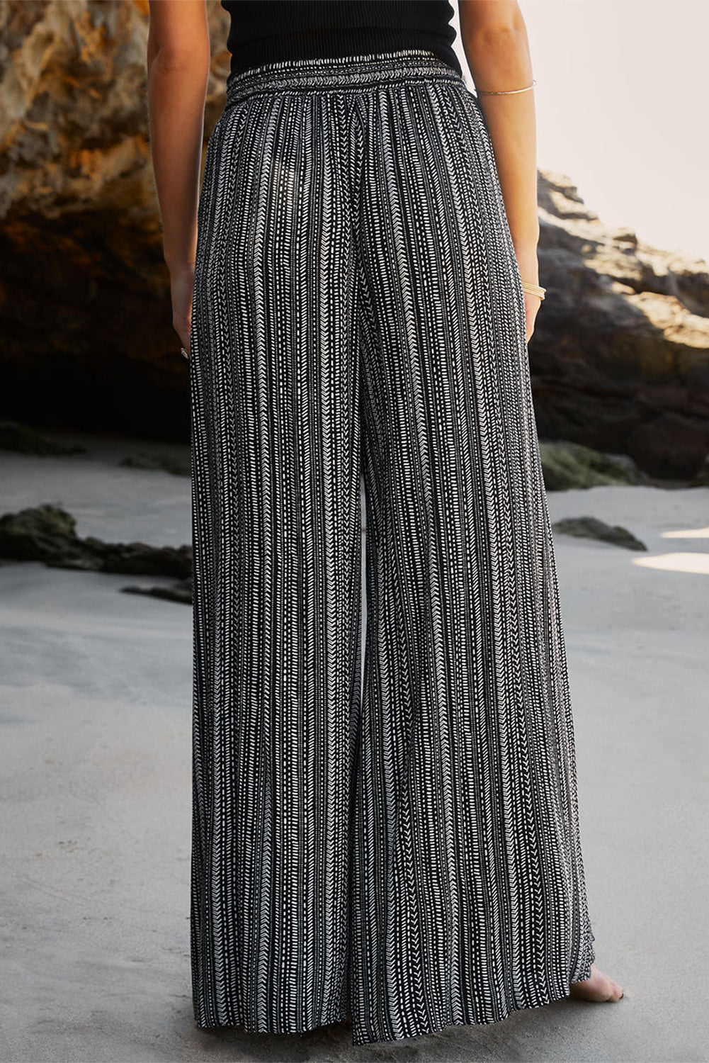 Black Striped Printed Slit Wide Leg High Waist Pants - Bellisima Clothing Collective