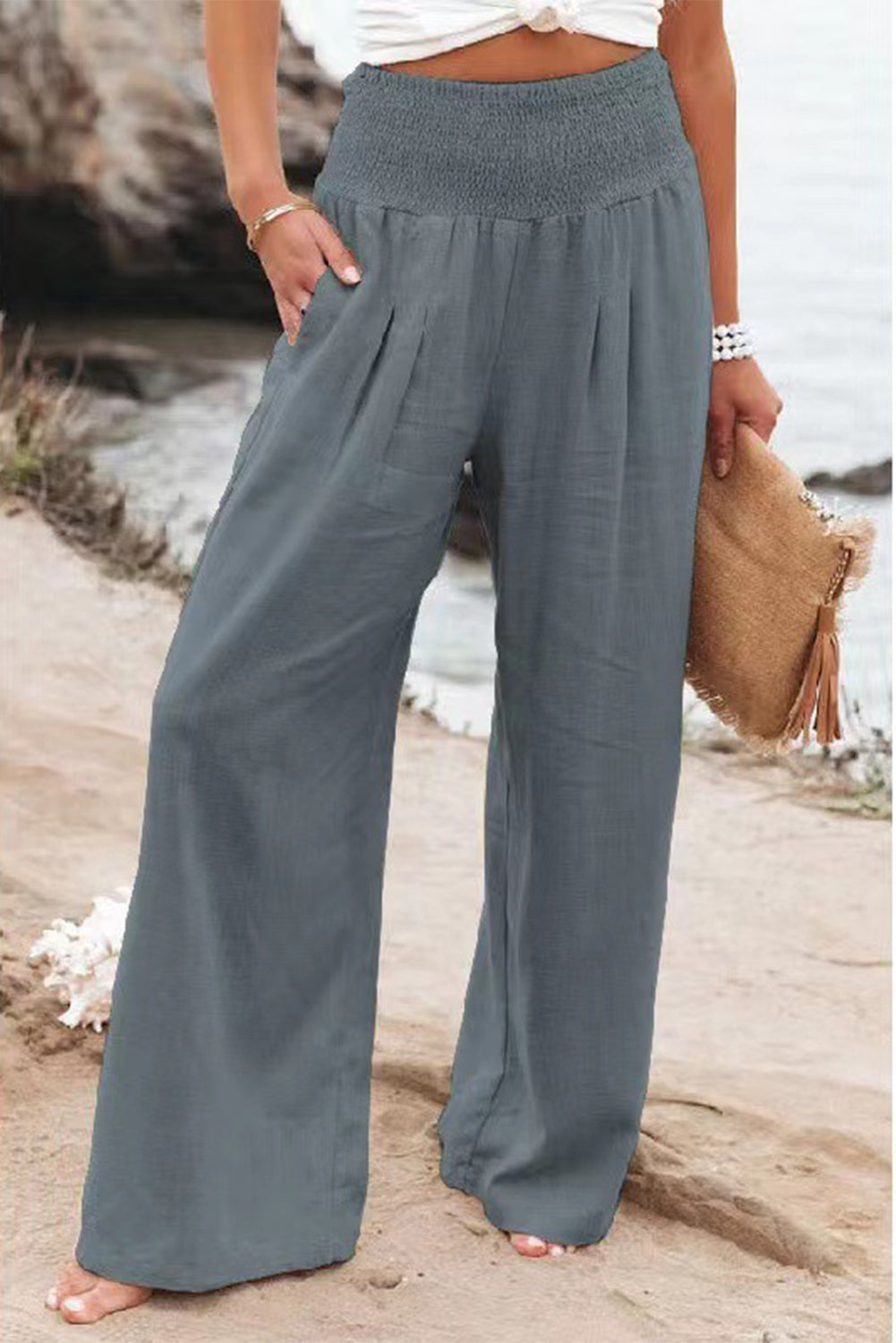 Khaki Smocked Wide Waistband High Waist Wide Leg Pants - Bellisima Clothing Collective