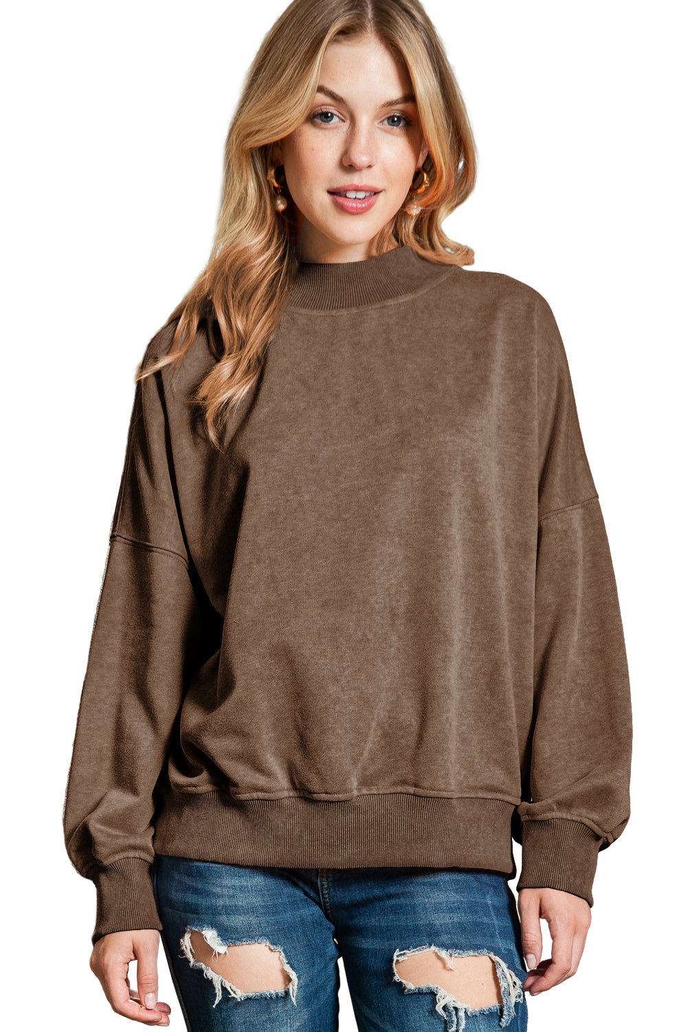 Brown Plain Drop Shoulder Crew Neck Pullover Sweatshirt - Bellisima Clothing Collective