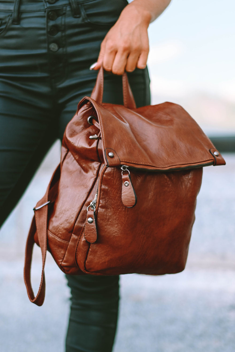 Brown Retro PU Leather Large Capacity Backpack - Bellisima Clothing Collective