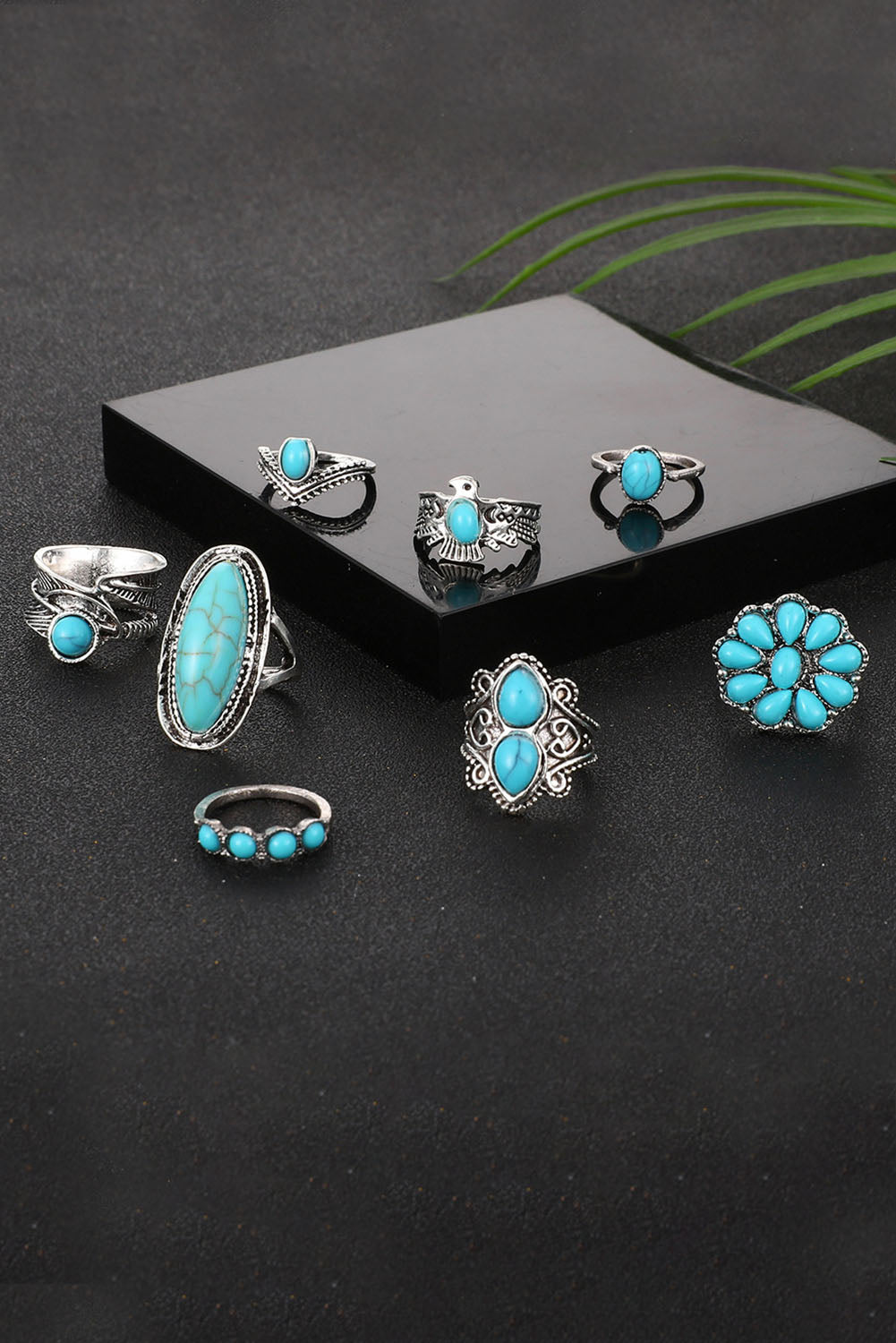 Green 8Pcs Vintage Turquoise Ring Set - Bellisima Clothing Collective