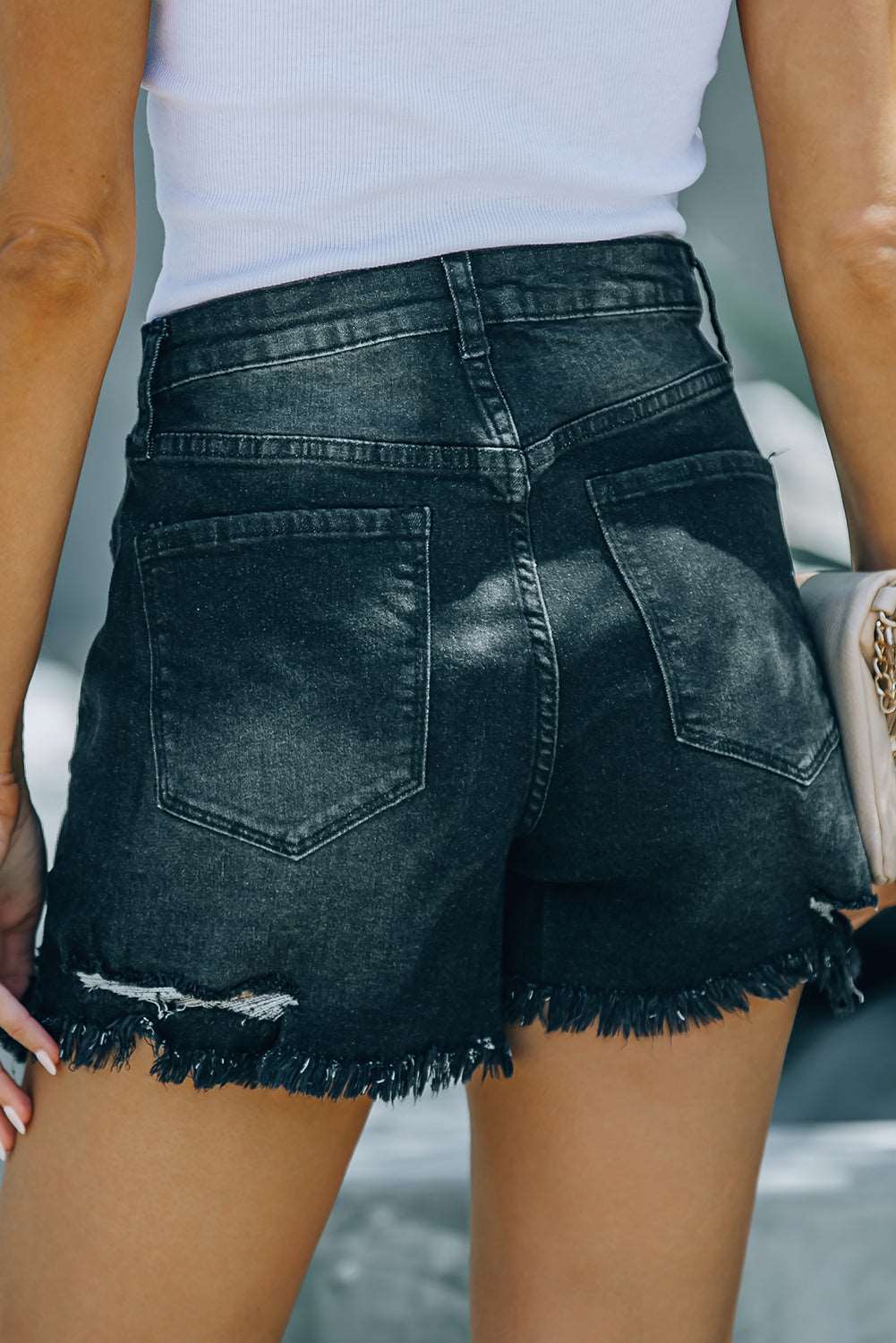 Black Casual Frayed High Waisted Denim Shorts - Bellisima Clothing Collective