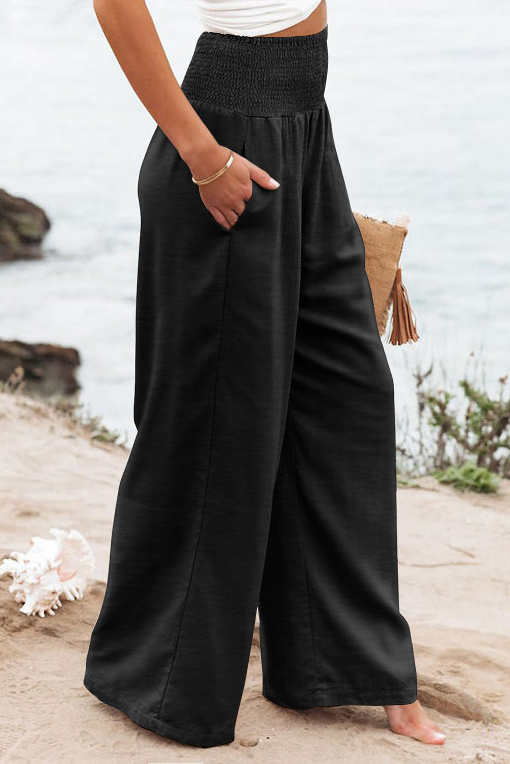 Black Shirred High Waist Plus Size Wide Leg Pants - Bellisima Clothing Collective