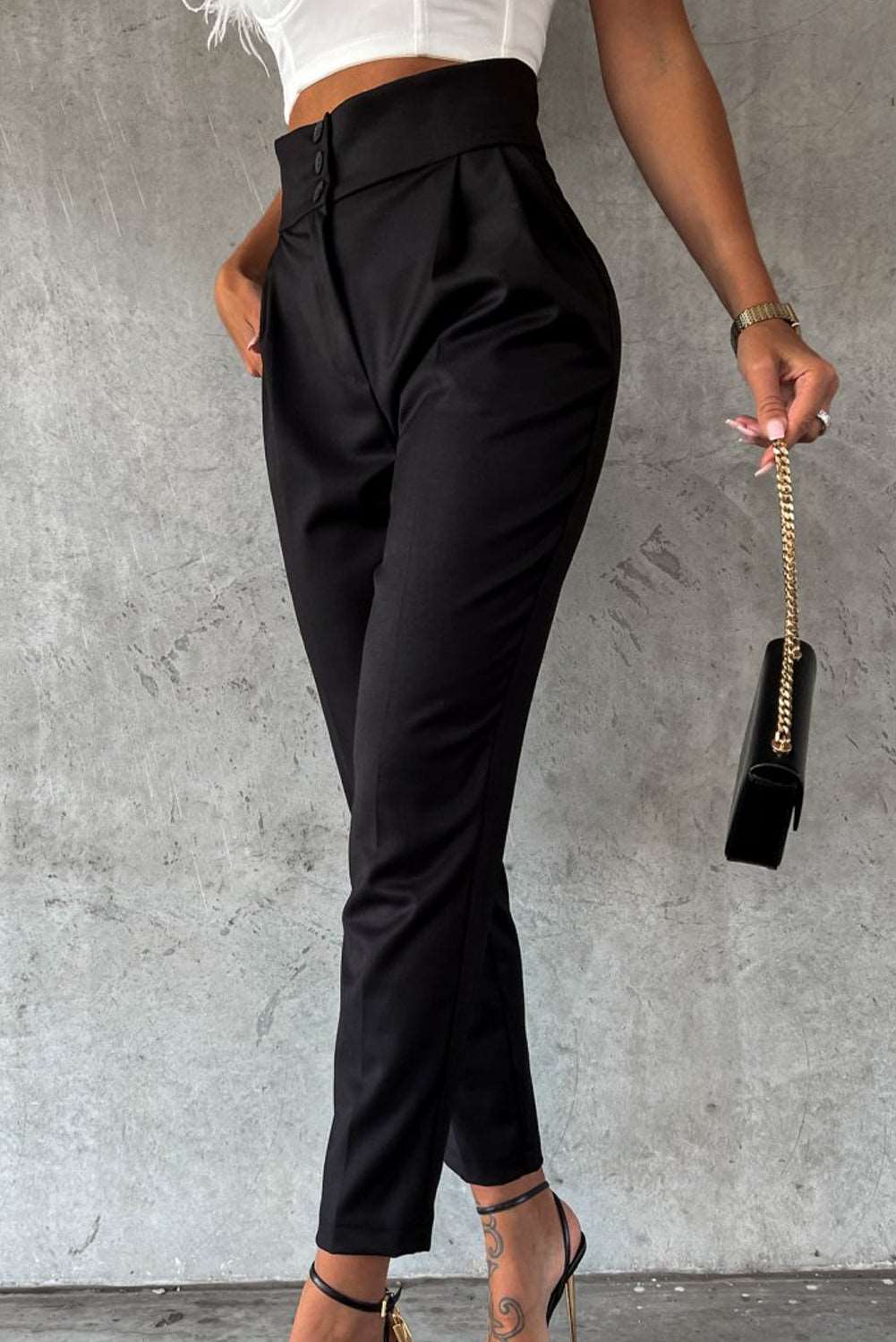 Black Button High Waist Tapered Pants - Bellisima Clothing Collective