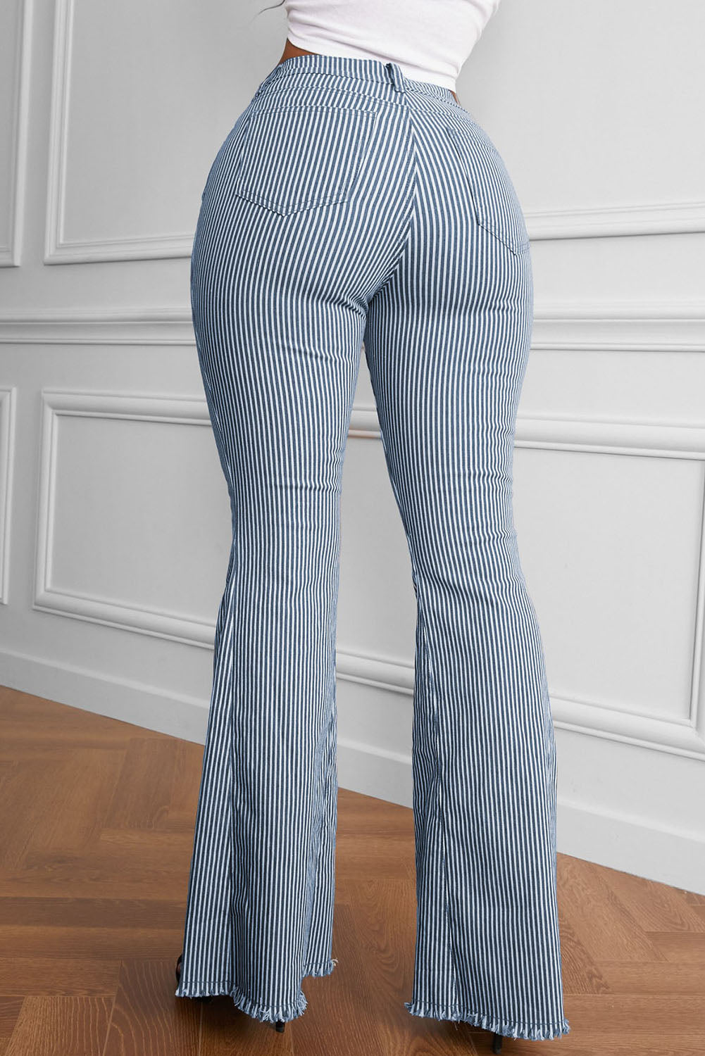 Light Blue Striped Mid Rise Bell Bottoms - Bellisima Clothing Collective