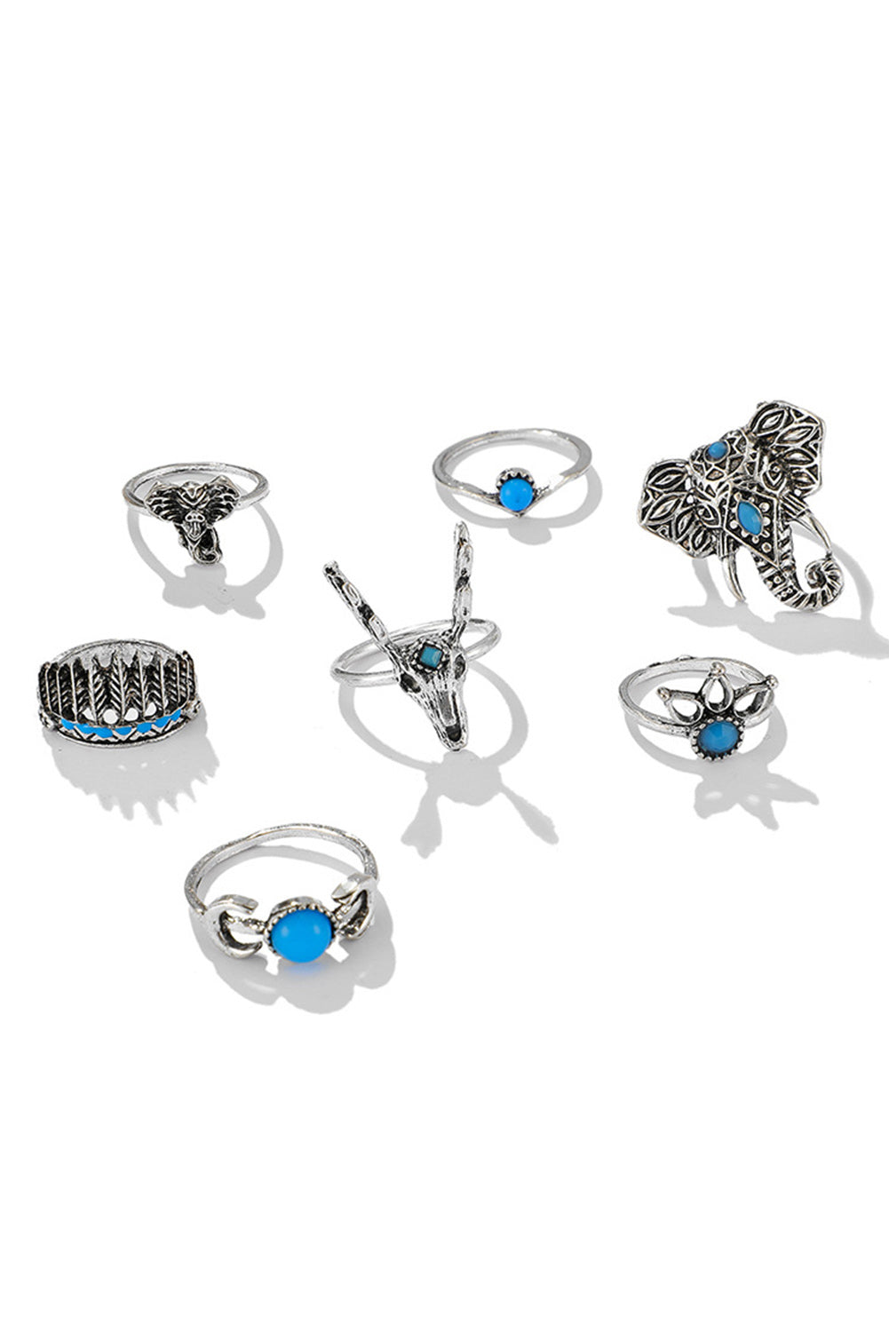 Silver 7Pcs Animal Deer Head Elephant Ring Set - Bellisima Clothing Collective