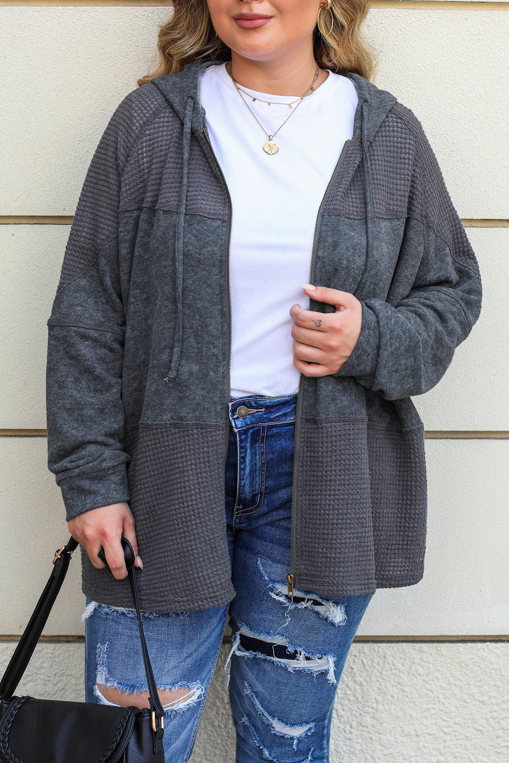 Gray Plus Size Waffle Knit Patchwork Washed Hooded Jacket - Bellisima Clothing Collective