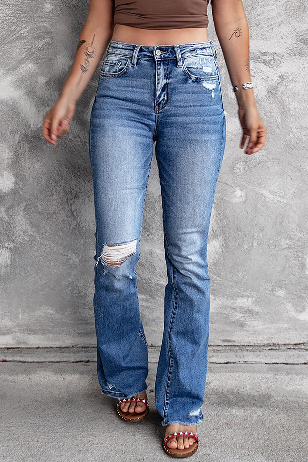 Dark Blue Ripped Raw Hem High Waist Flare Jeans - Bellisima Clothing Collective