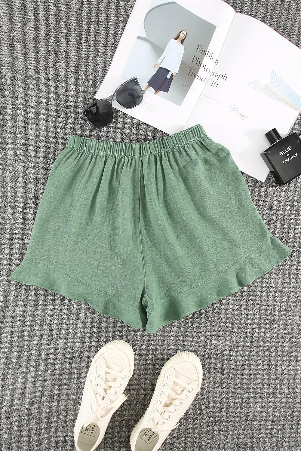 Khaki Casual Pocketed Ruffle High Waist Shorts - Bellisima Clothing Collective