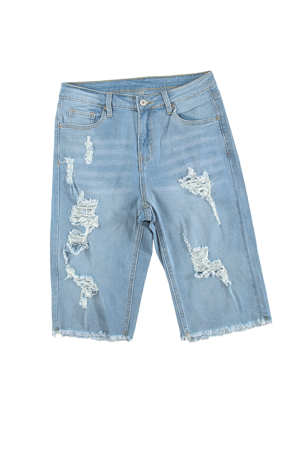 Light Blue Distressed Ripped Denim Bermuda Shorts - Bellisima Clothing Collective