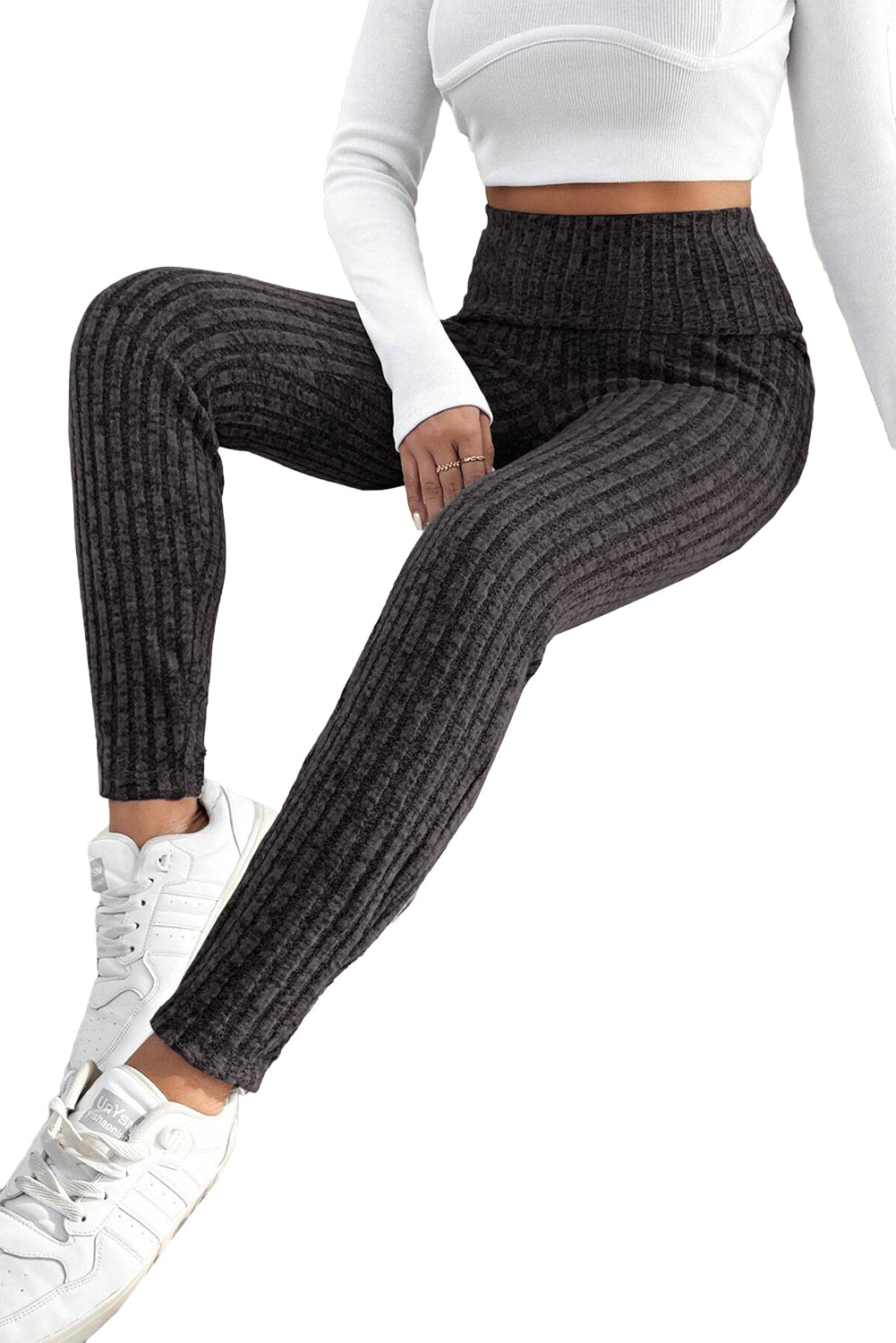 Black Wide Waistband Ribbed Textured Knit Leggings - Bellisima Clothing Collective