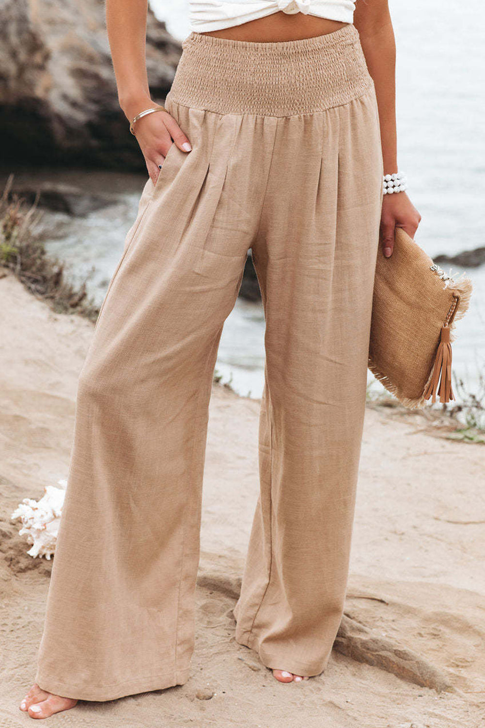 Khaki Smocked Wide Waistband High Waist Wide Leg Pants - Bellisima Clothing Collective