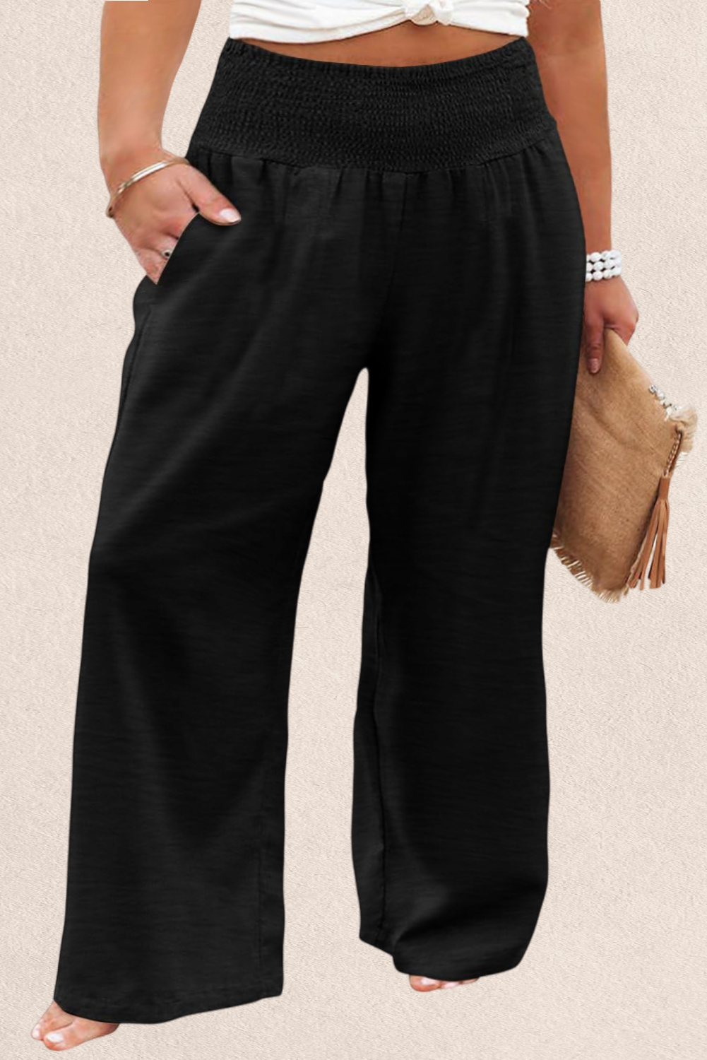 Black Shirred High Waist Plus Size Wide Leg Pants - Bellisima Clothing Collective