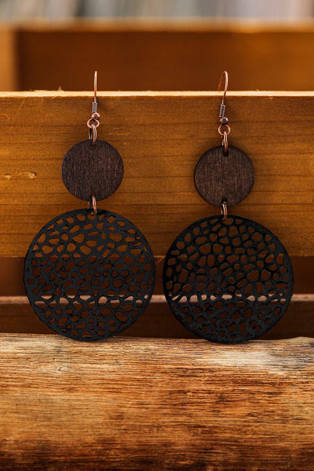 Black Hollow Out Bohemian Wooden Pendant Drop Earrings - Bellisima Clothing Collective