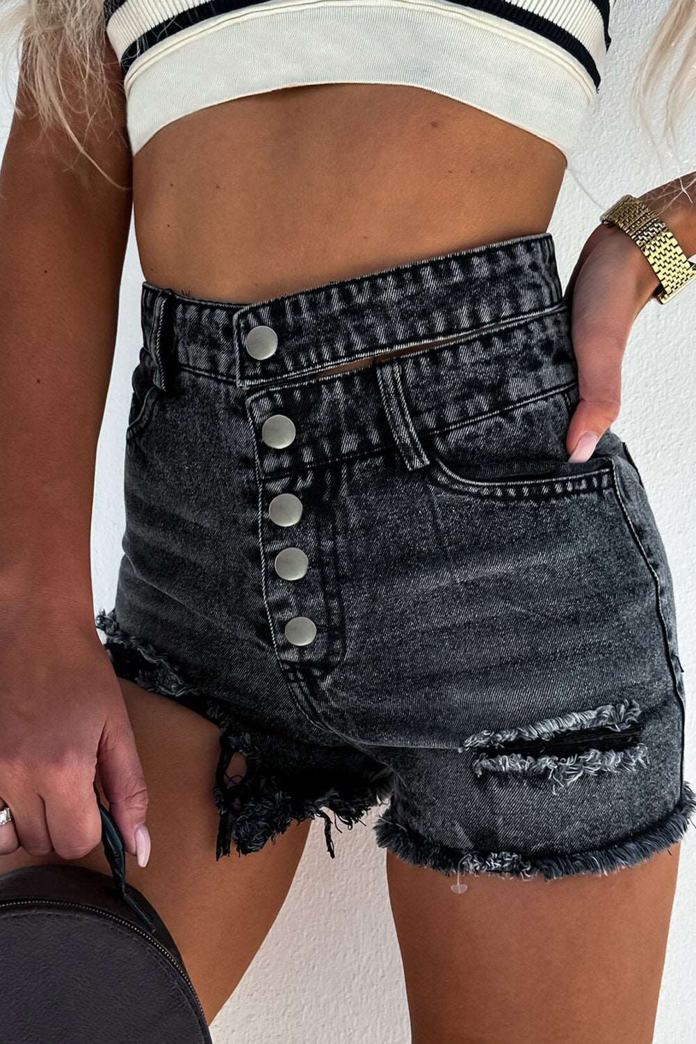 Black High Waist Multi Buttons Raw Edge Denim Shorts - Bellisima Clothing Collective