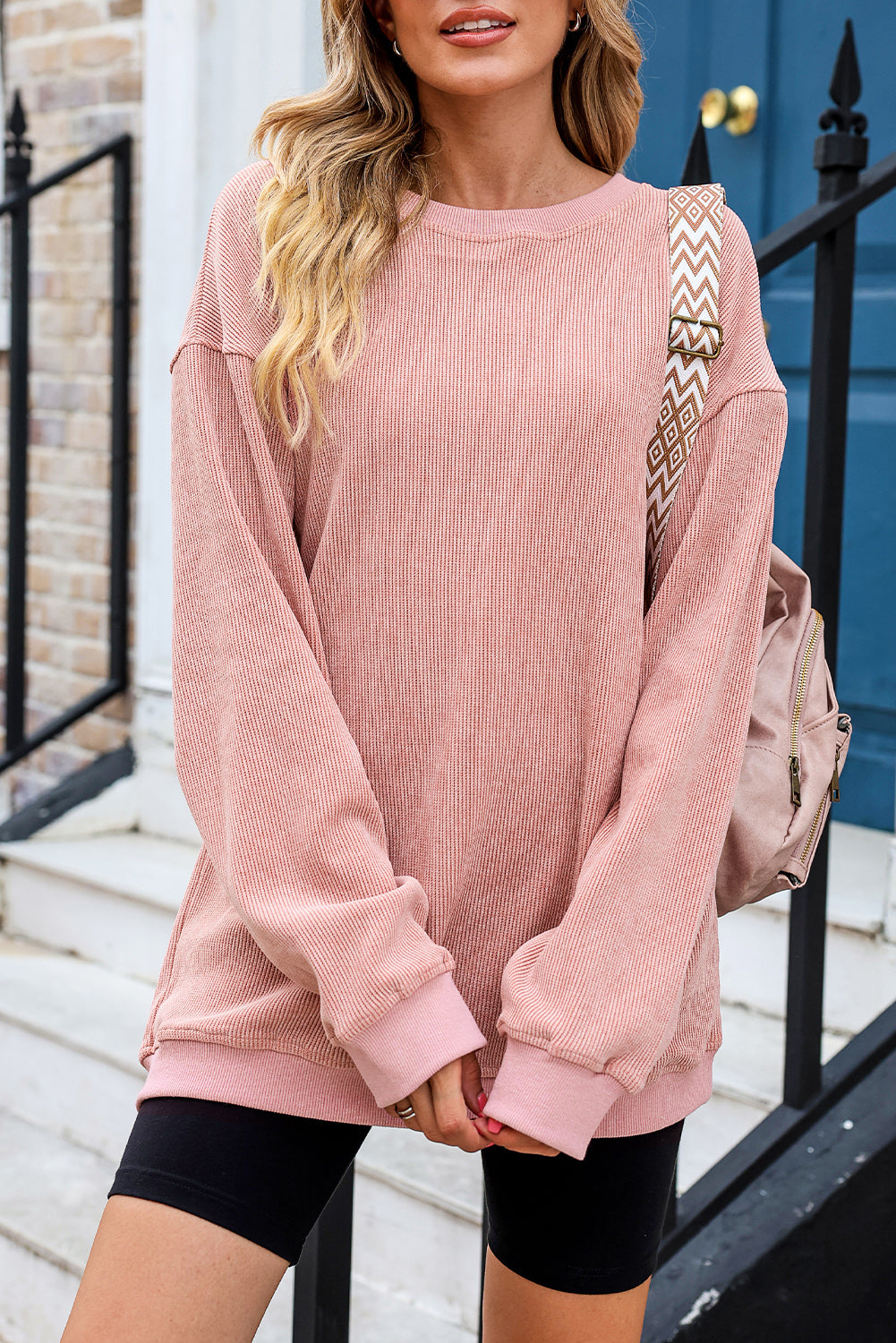 Pink Solid Ribbed Round Neck Pullover Sweatshirt - Bellisima Clothing Collective