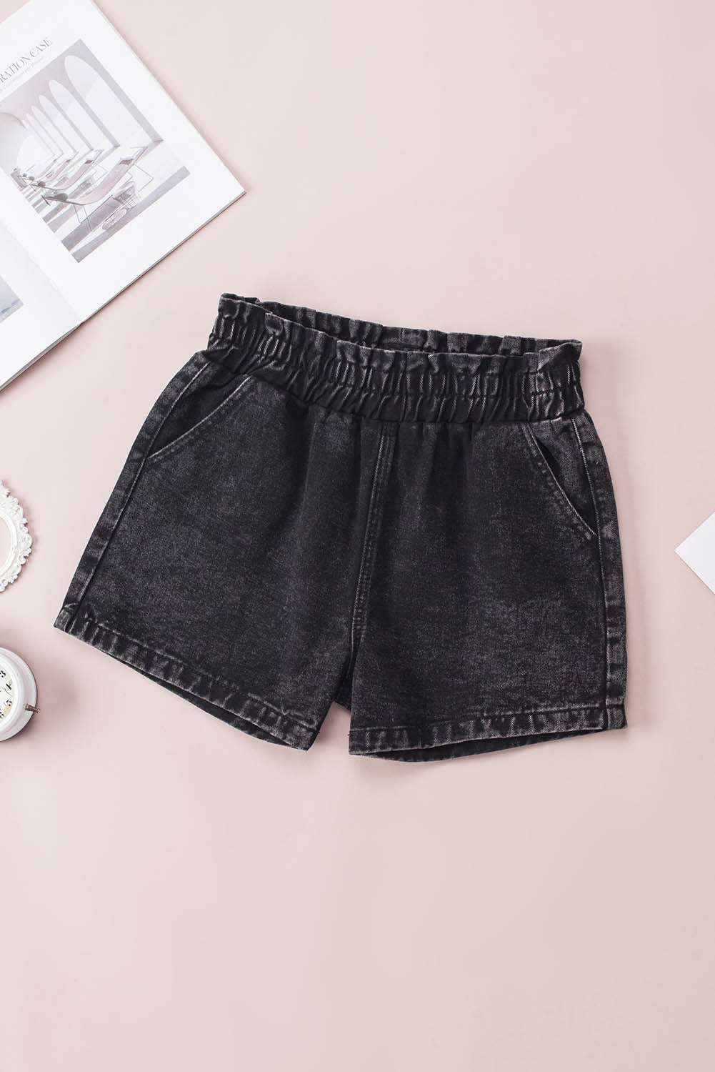 Black Bleached Casual Frill Elastic High Waist Pocket Denim Shorts - Bellisima Clothing Collective