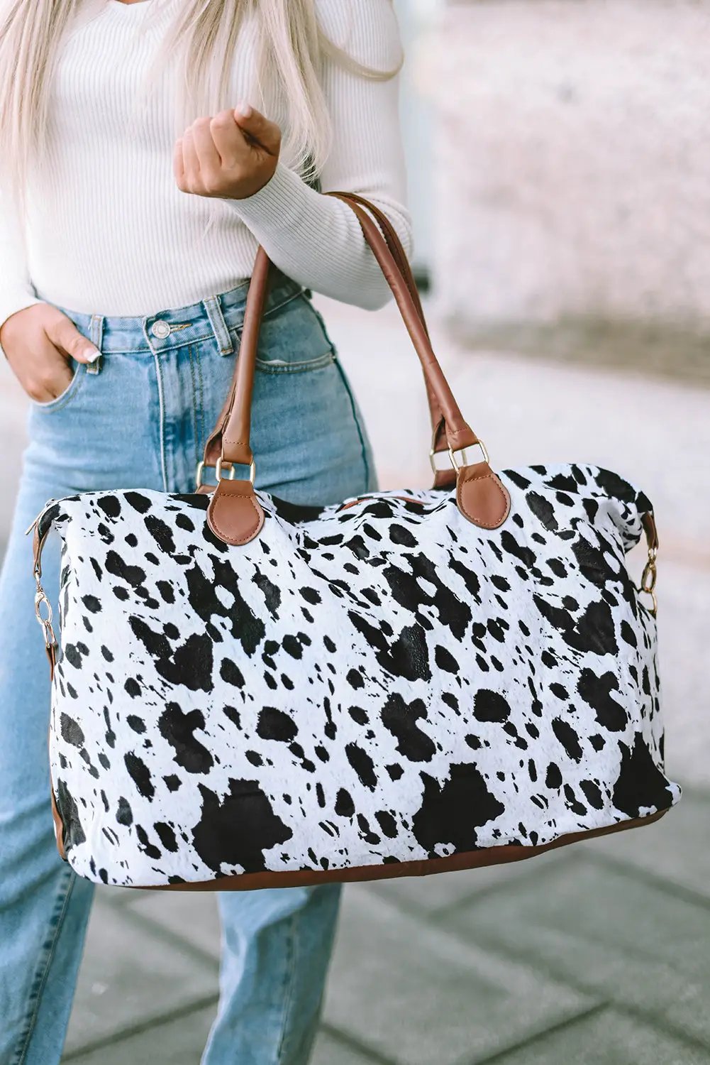 White Animal Spots Printed Leather Tote Bag - Bellisima Clothing Collective