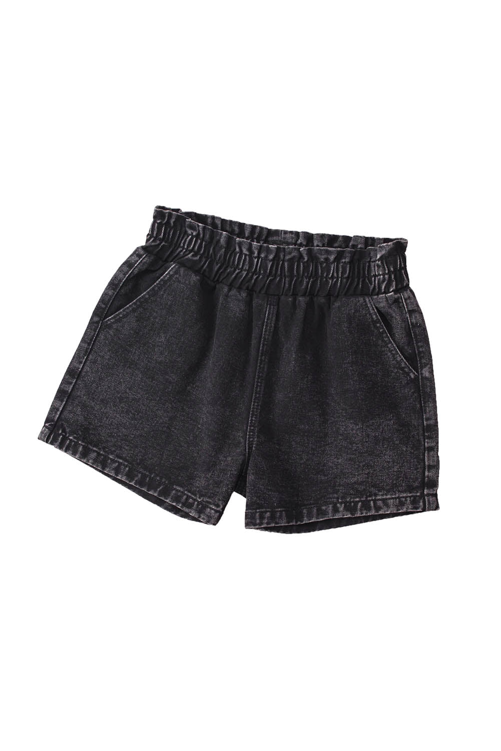 Black Bleached Casual Frill Elastic High Waist Pocket Denim Shorts - Bellisima Clothing Collective