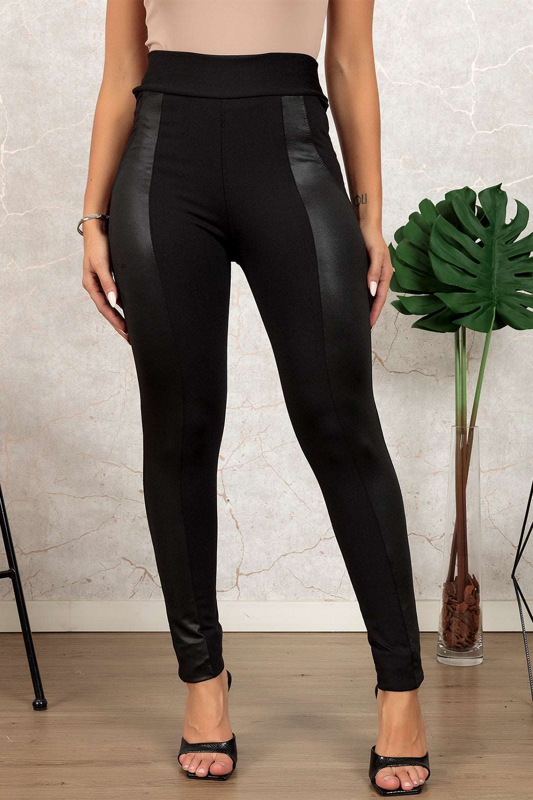 Black Leather Panel Patchwork High Waist Leggings - Bellisima Clothing Collective