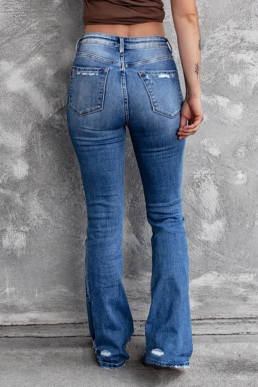 Dark Blue Ripped Raw Hem High Waist Flare Jeans - Bellisima Clothing Collective