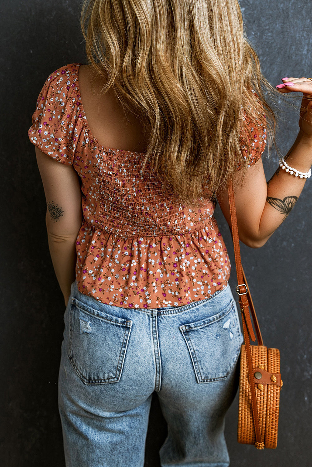 Gold Flame Floral Drawstring Ruched Peplum Blouse