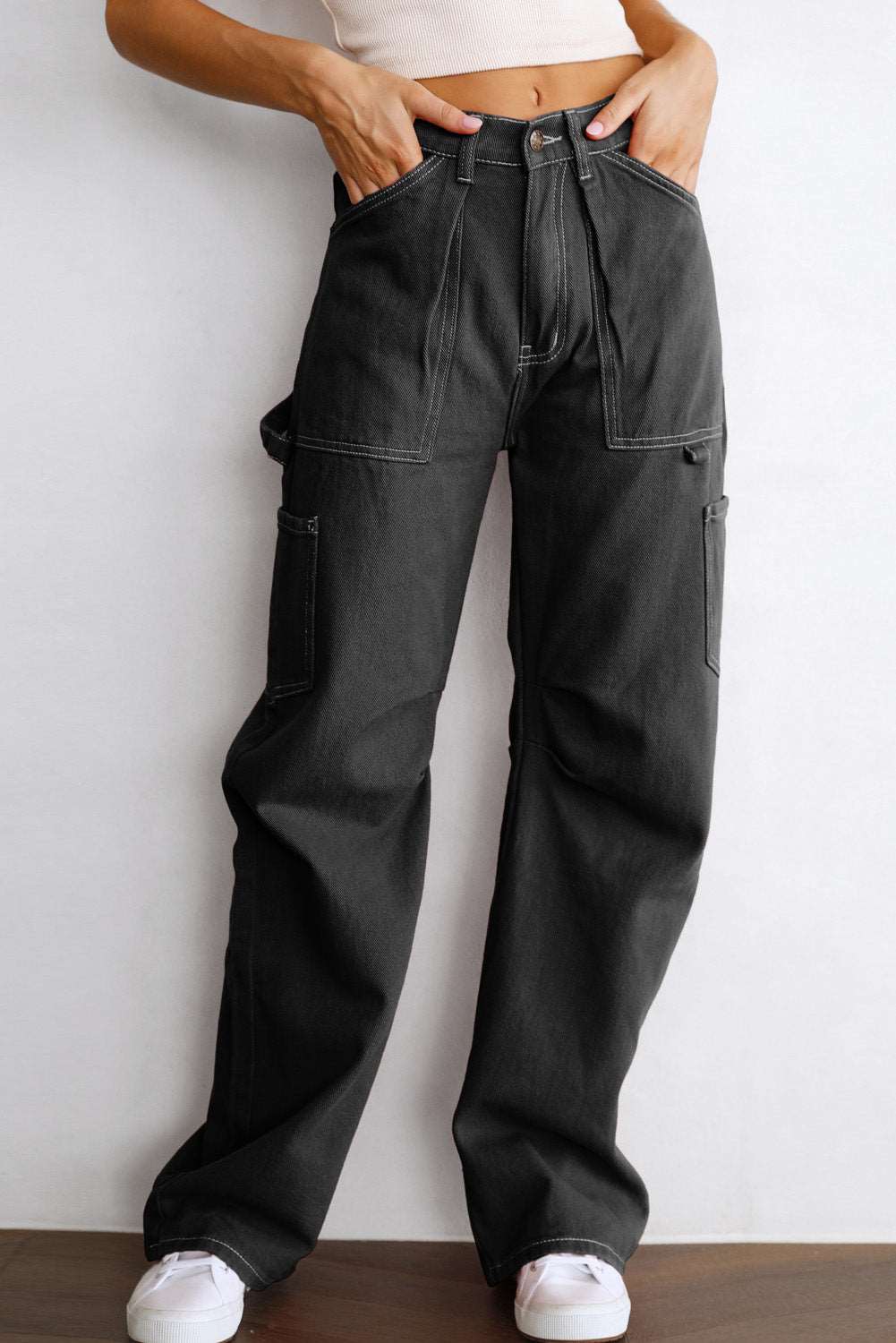 Black Denim Straight Leg High Waisted Cargo Pants - Bellisima Clothing Collective