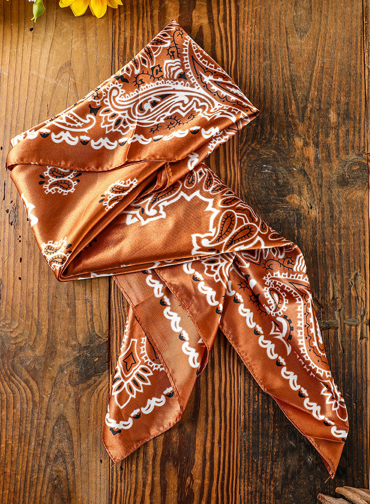 Gold Flame Vintage Satin Flower Print Square Scarf - Bellisima Clothing Collective