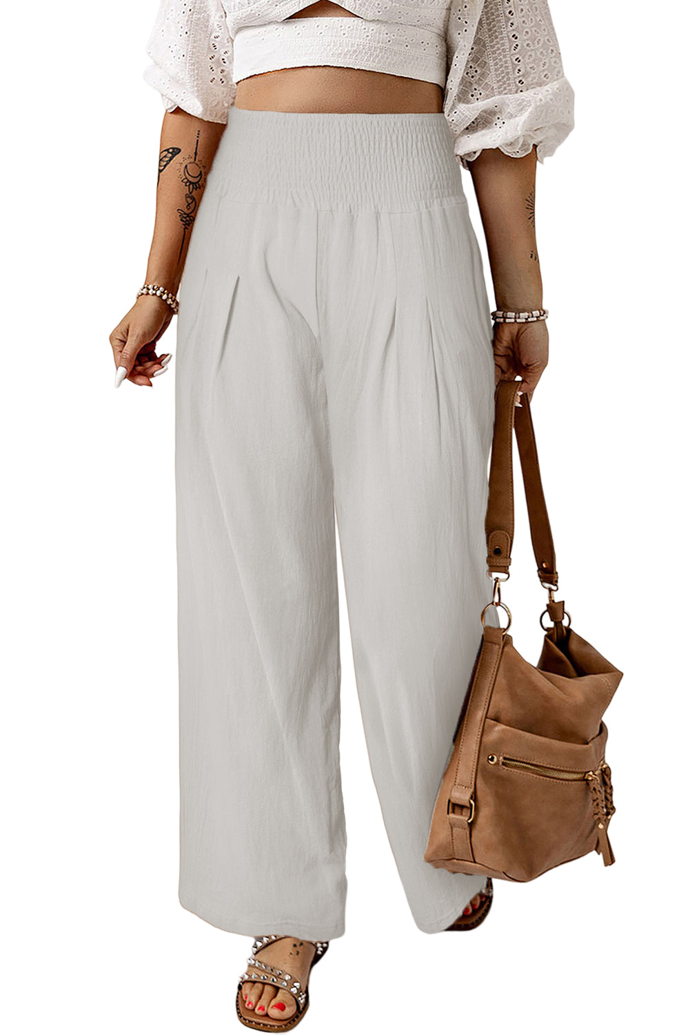 Khaki Smocked Wide Waistband High Waist Wide Leg Pants - Bellisima Clothing Collective