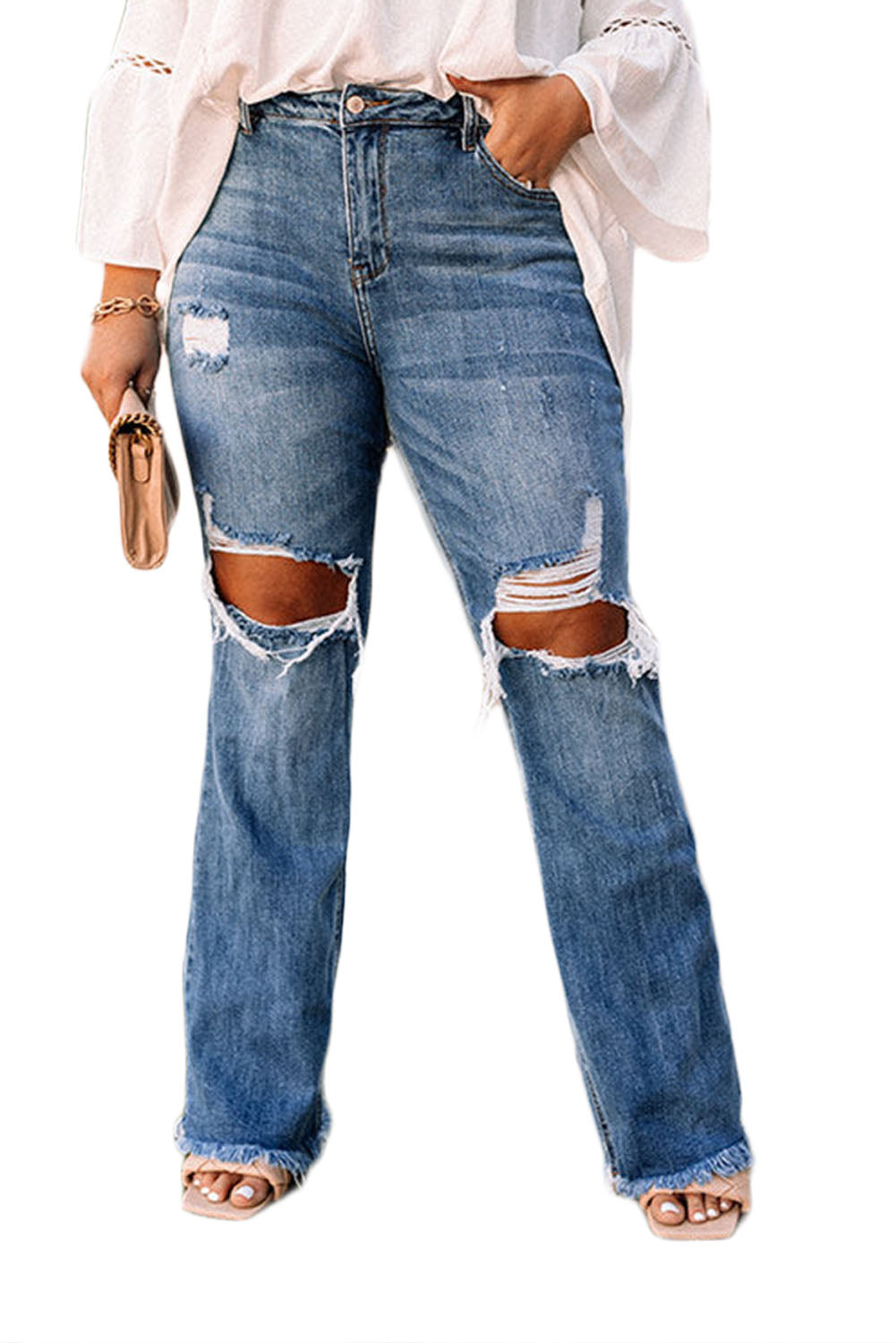 Blue Dark Wash Raw Hem High Waisted Plus Size Ripped Jeans - Bellisima Clothing Collective