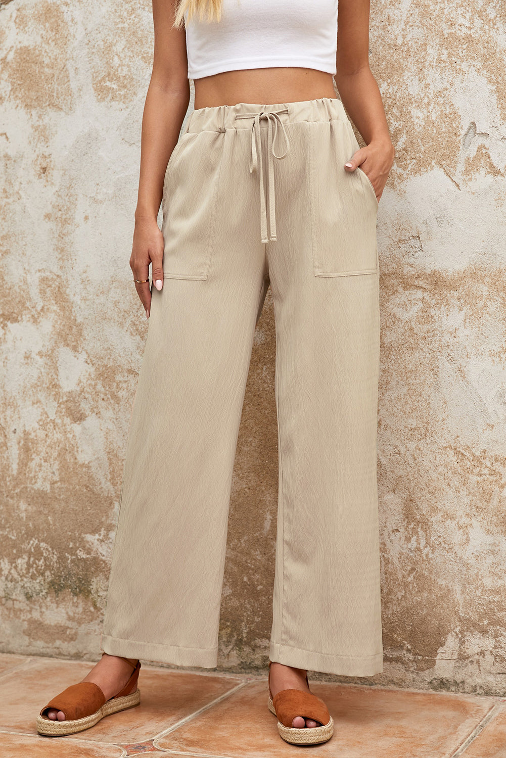 Khaki Drawstring Waist Crinkled Wide Leg Pants - Bellisima Clothing Collective