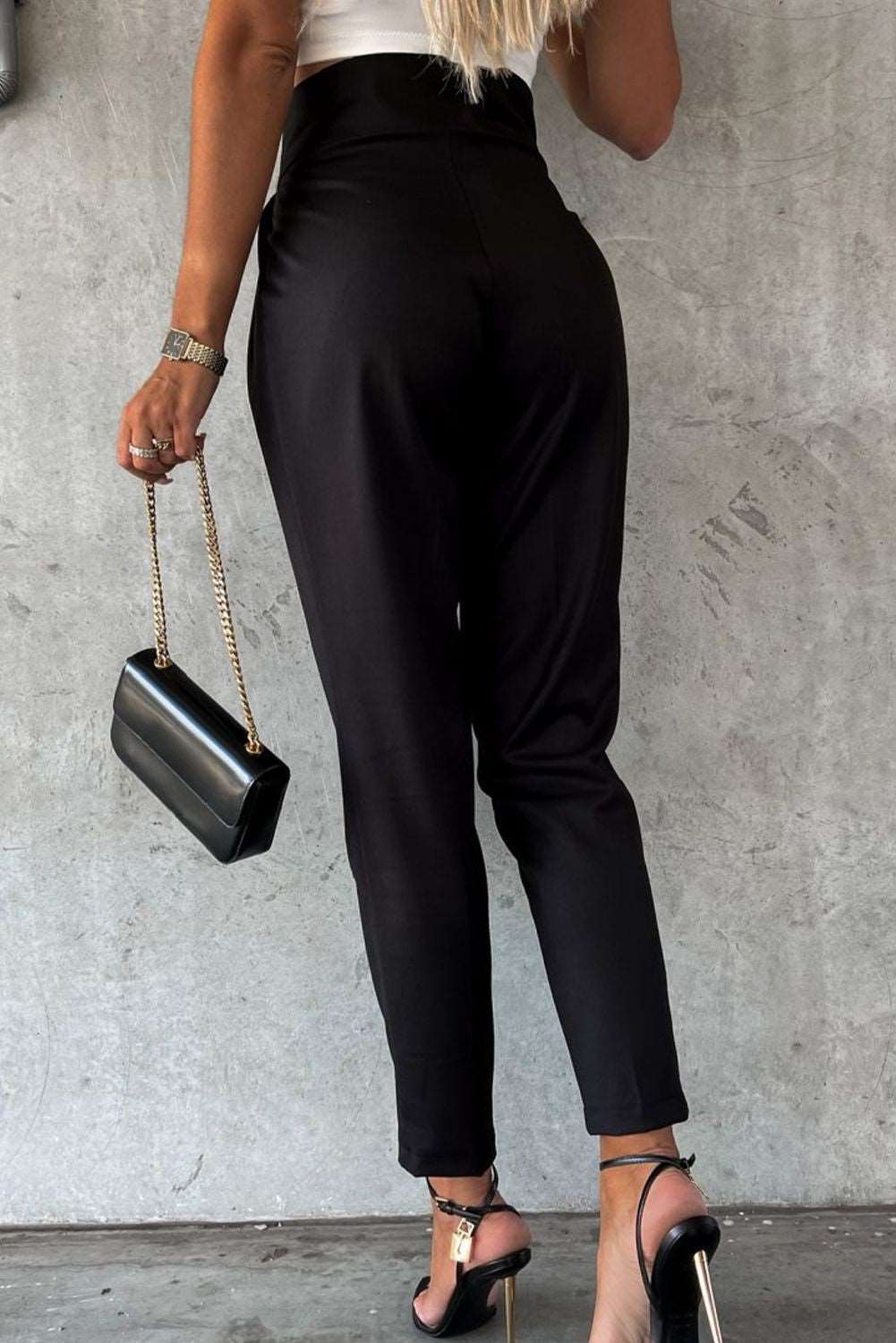 Black Button High Waist Tapered Pants - Bellisima Clothing Collective