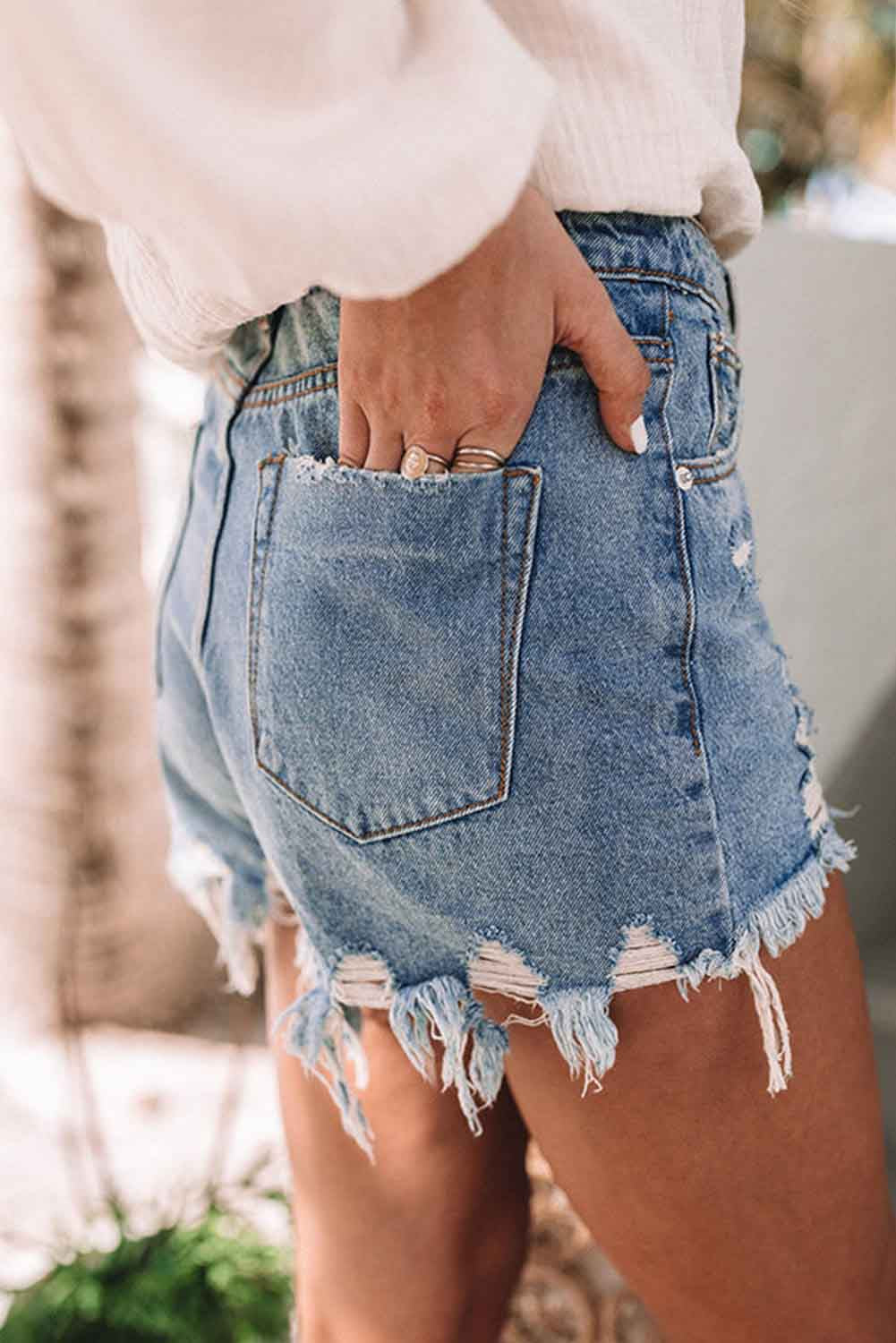 Distressed High Waisted Denim Shorts - Bellisima Clothing Collective