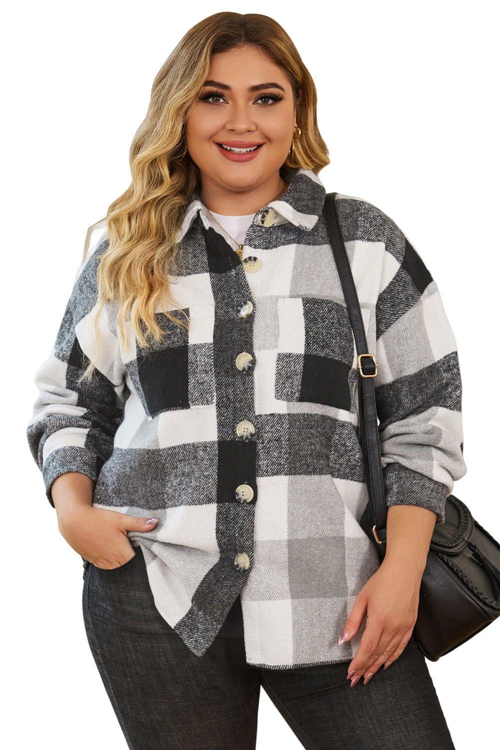 Gray Plus Size Checkered Button-Up Shacket - Bellisima Clothing Collective